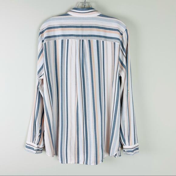 Loft blue white peach striped coastal textured button front shirt top - Picture 5 of 7